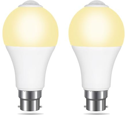 PIR Motion Sensor LED Bulbs B22 12W Warm White 3000K 1000LM, Detection Angle 120°, Auto on Off, AC 230V, B22 BC Large Bayonet Motion Sensor Ceiling Light Bulb for Porch, 2pcs