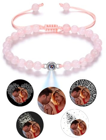 Jovivi Personalisiertes Armband mit Foto Bild Projektion - Ich liebe dich Armband für Herren & Damen - Freundschaftsarmband - Personalisierte Geschenke (Rosenquarz)