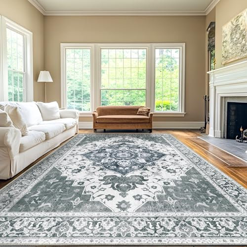Luogort Grau Teppich Wohnzimmer 200x300cm, Waschbarer Vintage Teppich Kurzflor Teppiche mit Rutschfester Rückseite – Weich, Kindersicher & Pflegeleicht für Büro Esszimmer Kinderzimmer