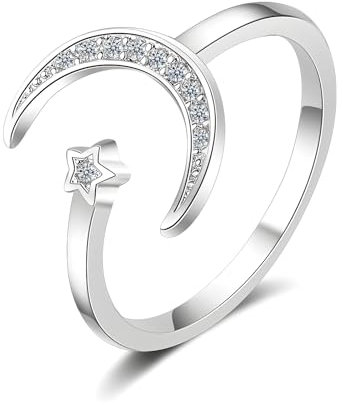 Hinvan 925 Sterling Silber Ring Mond Sterne Offener Silber Ringe Verstellbarer Stern Ring Damen Fidget Ring mit Zirkonia Verstellbar für Damen Frauen Mädchen