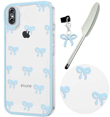 Knoowcase Case for iPhone X, Cute Bowknot Pattern Clear Soft TPU Shockproof Phone Case for iPhone XS, Slim Fit Silicone Bumper Shell Drop-Protection Transparent Cover for Women Girls,Blue