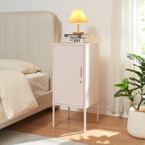 [en.casa] Nachtschrank Hausjärvi Nachttisch 82 x 35 x 35 cm Nachtkästchen Beistelltisch mit 1 Tür Metallschrank Beistellschrank abschließbar Büroschrank Stahl Rosa