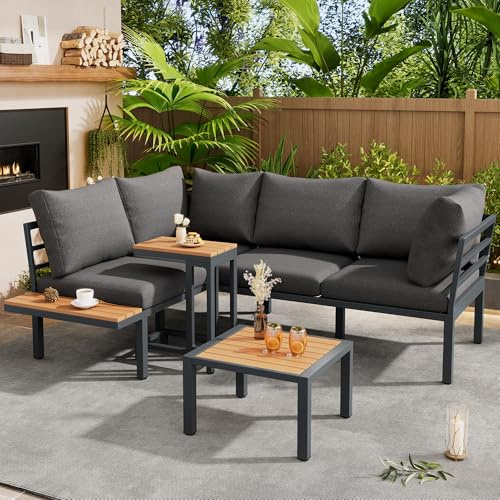 Merax Gartenmöbel Set, Balkonmöbel mit aus Verzinktes Stahlrohr, Terrassenmöbel mit Beistelltisch und Couchtisch, Tischplatte aus Kunststoffholz, Grau und Schwarz