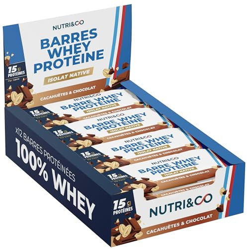NUTRI & CO Barres Protéinées Whey Isolat Native - 15g de Protéines - Musculation & Récupération - 100% Clean sans protéines végétales ni Huile de Palme – Lot de 12 Barres Cacahuètes & Chocolat