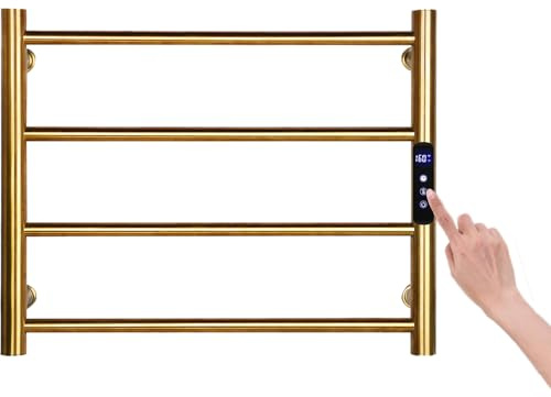 GUANGJUYUAN Heated Towel Rail Gold, 4 Rail Towel Warmer Rack for Bathroom Wall Mounting, Timer & Temperature Control Electric Towel Dryer (4 Bars Brushed Gold,