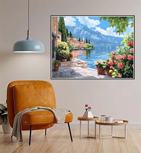 Malen Nach Zahlen Italien Malen Nach Zahlen erwachsene klein 50x70cm Landschaft DIY Ölgemälde Leinwand set mit 3 Pinseln Acrylfarben, Kreativ Geschenke für Frauen Home Wand Décor, Ohne Rahmen l-1380
