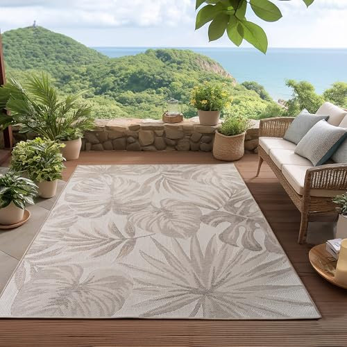 HomebyHome Outdoor Teppich Beige 120x170 cm, Wetterfest & UV-beständig, ideal für Küche, Balkon, Terrasse, Garten auch Wohnzimmer und Esszimmer, Palmblätter-Design, Leicht zu Reinigen