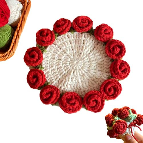 REDKNOT Flower Crochet Coasters, Knitted Coasters, Hand Knitted Decoration with Rose Bouquet, DIY Crocheted Flower Coasters, Material Pack, Women's Floral Gifts for Women, Mother's Day
