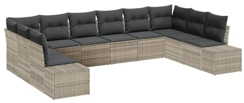 vidaXL 10-teiliges Garten-Sofa-Set mit hellgrauen Kissen aus Poly-Rattan, wetterfest, modulare Bauweise, robuster Stoff, Lounge-Möbel für die Terrasse im modernen, UV-beständigen Design.