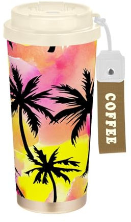 RPLIFE Coffee Travel Mug 16+ Oz, Ceramic Coating Coffee Tumbler with Filp Lid and Straw, Stainless Steel Vacuum Insulated Cup, Black Palm Trees Watercolor