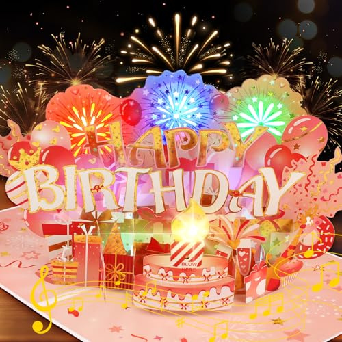 Musical Birthday Cards, 3D Pop-Up Happy Birthday Card with Music & Fireworks & Blowable Candle, Birthday Card Gifts for Women Wife Men Grandma Mum Boys Girls Kids