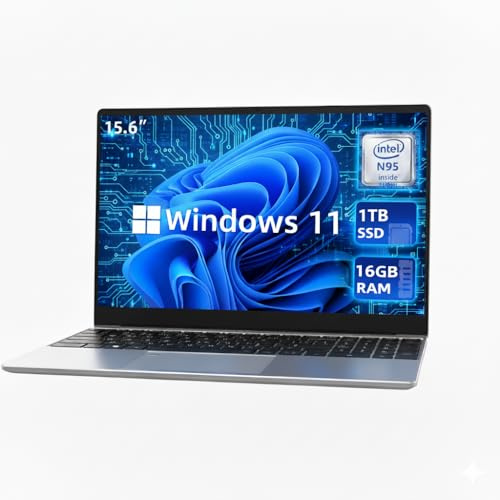 AKEDA Notebook 15,6 con Processore N95 Quad Core, 16GB RAM 1TB SSD, Schermo FHD IPS, Tastiera Retroilluminata, Lettore di Impronte, WiFi 5, PC Portatile Leggero per Studio Lavoro e Casa