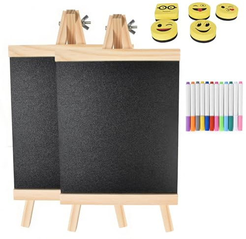 Kreidetafel klein - 2er-Set mit klappbarem Holzständer, Kleine Tafeln zum Beschriften 17,5x16 cm, inkl. 12 fluoreszierende Kreidestifte & 5 magnetische Whiteboard-Schwämme für Events & Deko