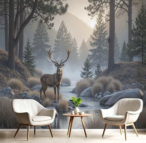 Fototapete 3D Effekt Hirsch Fluss Tapete Retro Wald Tapeten Vliestapete Modern Wandtapete Wohnzimmer Wanddeko Motivtapeten 200×140cm(W×H)