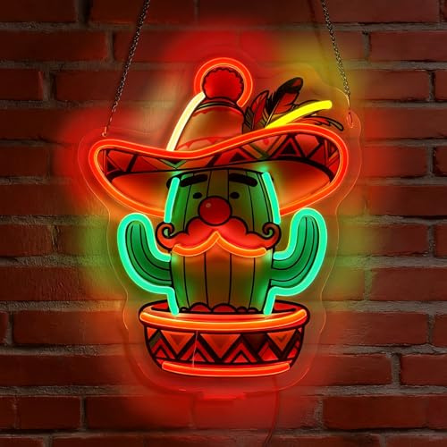 Letrero de neón LED con diseño de cactus con luces de sombrero mexicano, plantas iluminadas, letreros de neón para dormitorio, dormitorio, pasillo, garaje, bar, sala de juegos, cueva de hombre
