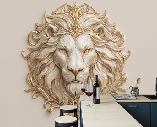 ZISTRCBAO Papier Peint Panoramique Tête De Lion Sculpture, Or Papier Peint Soie Mural 200x140cm 3D Photo Wallpaper Pour Chambre D'enfants - Relief Classique Européen Poster Tableaux Photo Muraux