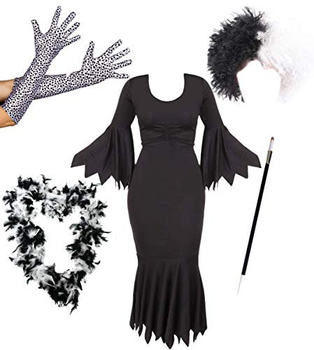 Halloween Cruel Dog Lady Costume - Black Dress + Wig + Two-Tone Boa + Dalmatian Print Gloves + Fake Cigarette