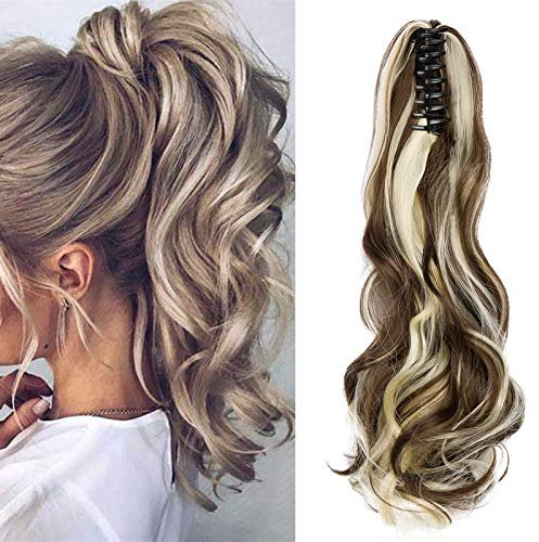 Cybelleza Haar Extensions Zopf Haarteil Clip in Ponytail Claw Pferdeschwanz Haarverlängerung günstig wie Echthaar Gewellt Lockig Kunsthaare Lang Voluminös Ombre(Chestnut Brown&Gebleichtes Blond)