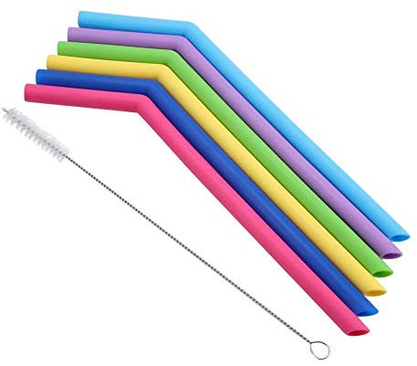 Iwinna 6pcs Reusable Drinking Straws, Silicone Straignt/Bent Straws for Smoothie Milkshake Bubble Tea with Cleaning Brushes, 9.84in(Straight)