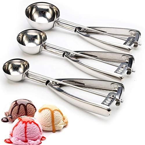 YEFAF Eisportionierer Edelstahl, 3 Stück Eislöffel Edelstahl Portionierer mit Zangengriff für Eiskugel, Melone, Fleischbällchen(Groß 6cm, Mittel 5cm, Klein 4cm)