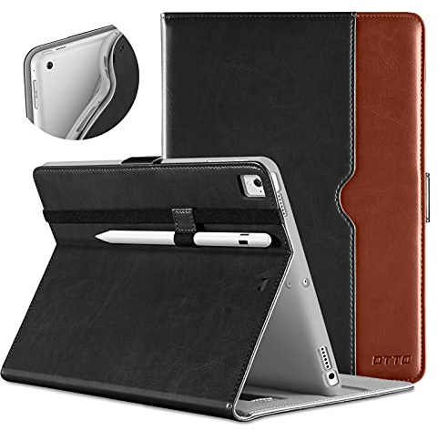 DTTO Hülle für iPad 9,7 Zoll 6./5. Generation 2018/2017 mit Apple Pencil Halter, Premium Leder Folio Ständer Cover Hülle für Apple iPad 9,7 Zoll, passt auch für iPad Pro 9.7/Air 2/Air - Schwarz Braun