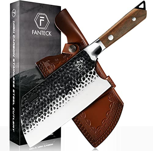 FANTECK Handgemacht Geschmiedet Küchenmesser Hackmesser 20cm Chinesisches Kochmesser Forged Stahl Hackbeil Messer Serbisch Metzgermesser Scharfe Hack Messer mit Full Tang Holzriff und Lederscheide