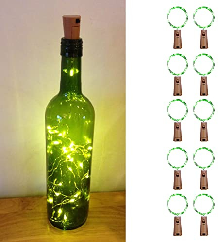 Flaschenlichter mit Kork, 10 Stück, 2 m, 20 LEDs, Weinflaschenlichter, wasserdicht, silberfarbener Draht, Flaschenlichterkette für Weihnachten, Hochzeit, Party, Mason Jar Dekoration, Grün
