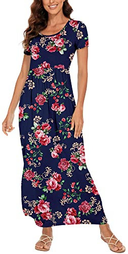 DEARCASE Robe Longue Femme Ete Ample DéContractéE Robe à Manches Courtes Fleurie Robes de Plage avec Poches Rose Marine S