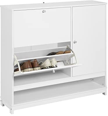 SoBuy FSR114-W Schuhkipper mit 2 Klappen, 1 offenen Fach und 1 Tür Schuhschrank schmal Schuhregal Schuhkommode Schuhablage Weiß BHT ca.: 102x100x24cm