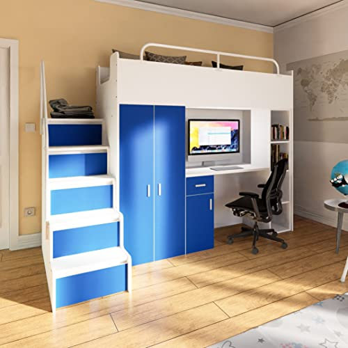 Marlux-Meble Hochbett Kinderbett JSM-4 90x200 mit Kleiderschrank Schreibtisch und Treppe Matt Kinderbetten Funktionsbett Etagenbett Stockbett Kinderhochbett Jugendhochbett (Blau Matt)