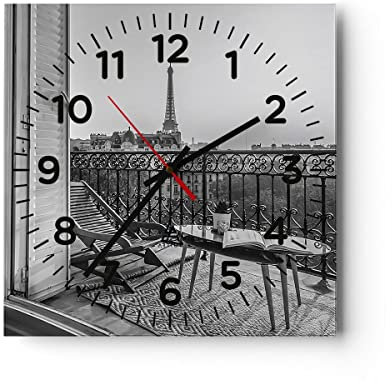 Modern Wanduhr Schwarzweiß Paris Balkon 30x30cm Quadrat Klein Wand Uhr Glas Analog Zimmeruhren Küche Büro Wohnzimmer Glasuhr Wall Clock Dekoration Design Wanddekoration Küchenuhr C4AC30x30-4595