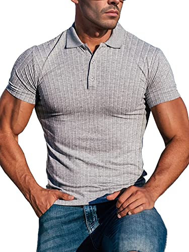 Lehmanlin Men's Stretch Muscle Shirts Short Sleeve Cotton T-Shirts Slim Fit Polo Shirt (Grey-L)