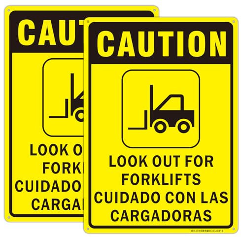 Caution- Look Out For Forklifts Bilingual Sign 2Pack, Watch For Forklift Traffic Sign, 10x14 Inches Aluminum Reflective Warning Sign for Indoor or Outdoor Use- UV Protected-Fade Resistance