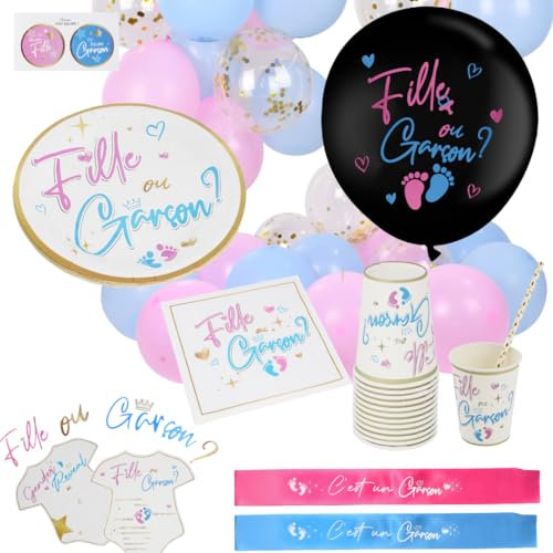 Gender Reveal ULTIME PACK en FRANÇAIS - 96 PCS - Ballon XXL 90 cm Fille ou Garçon ? 48 PCS vaisselle jetable 2x Écharpe de résultat 12x Stickers 2M Bannière 12x Cartes de pronostic Déco party shower