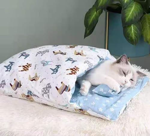 URITIS Halbgeschlossener Katzenschlafsack, selbstwärmendes Katzennestbett, Haustiermatte, Teppich mit Kissen, bequemes Haustierhöhlenbett, warmes Katzennest im Herbst und Winter, Hundehütte