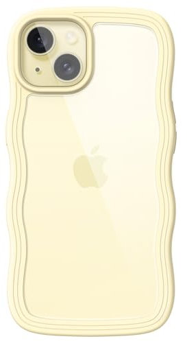 JETech Cute Case for iPhone 15 6.1-Inch, Wave Frame Curly Shape Shockproof Phone Cover for Women and Girls, Clear Hard PC Back (Yellow)