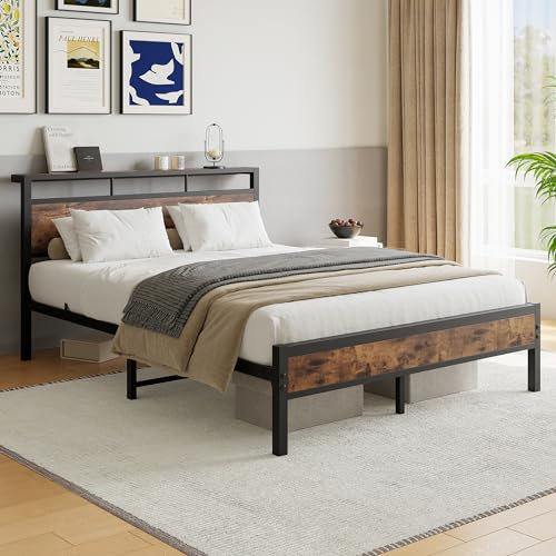 JELUTE King Bed Frame with Wooden Storage Shelf Headboard, Metal Platform Bed Frame, No Box Spring Needed, Noise Free, Reinforced Strong Support Leg, Black