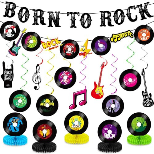 Rock and Roll Party Decorations Set Born to Rock Themed Banner Hanging Swirls and Honeycomb Centerpieces Music Theme Party Decor for Happy Birthday Kids Baby Shower Party Supplies Favor