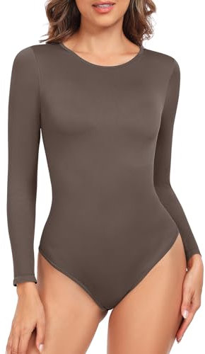 Lonya Body Damen Langarm Bodysuit Ribbed Rundhals Shapewear Hoher Elastizität Sexy Elegant Body Shaper Tanga Curry,M