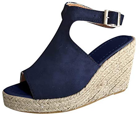 Lazzboy Plateau Sandalen Damen Keilsandalen Espadrilles Keilabsatz Absatz Wedges Geschlossene Sommerschuhe Wedge Keil Sandale Schuhe Zum Schnüren Mit Sandal Slipper Strandschuhe (Dunkelblau,39)