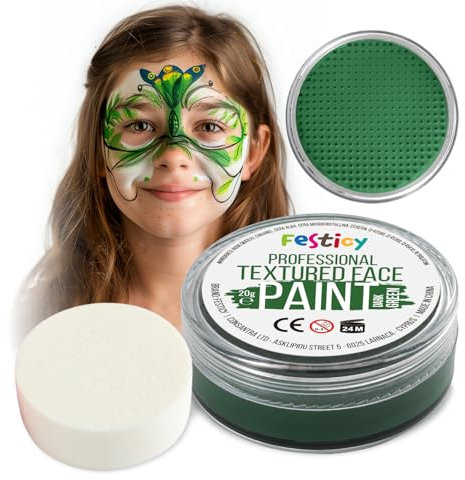 Festicy Peinture Vert Foncé pour Visage I 20g avec Éponge | Certifié EN 71-3 & Reach | Maquillage Enfant Carnaval, costume carnaval enfant I Peinture corporelle I Maquillage carnaval pour visage