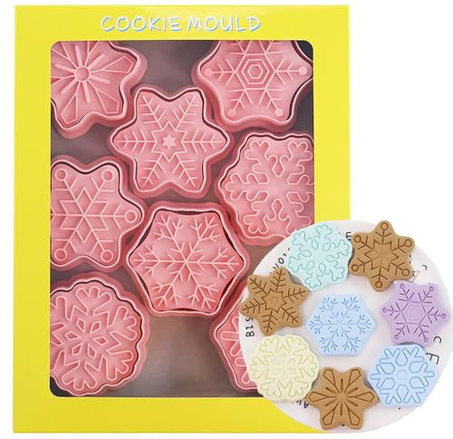 8 PCS Plastic Christmas Biscuit Cutters - Snowflake Shape Cookie Stamp for Baking & Party Decorations