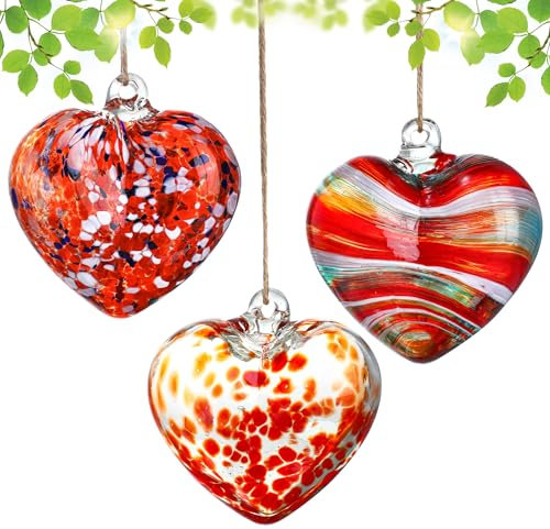 3Pcs Glass Blown Heart Ornaments 3.9in Hanging Heart Garden Ornament Outdoor Christmas Hanging Glass Heart Ornaments for Christmas Decor