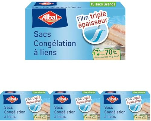 Albal - 15 sacs Congélation à Liens - Grand Modèle 6L - Triple épaisseur - Boîte distributrice - 70% de ressources recyclées (Lot de 4)