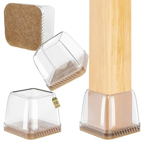 Euqvunn 18pcs Protection Pied de Chaise Carré, Protege Pied de Chaise Silicone, Patin de Chaise Transparent Patins pour Chaises avec Feutre, Tampon de Solpour Sols en Bois Dur et Carrelage 28-35mm