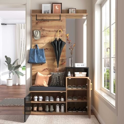YEHTOKHOME Ensemble d'armoires,Armoire multifonctionnelle avec Miroir,Meuble à Chaussures et portemanteau Mural,Meuble d'entrée avec Banc et patères (Noir)