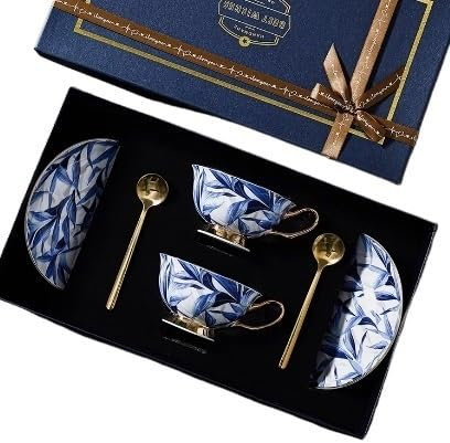Set di Tazze da caffè in Ceramica Fatte a Mano e piattino Set di Tazze da caffè e piattino in Ceramica con Foglie Blu Piatto Tazza da Latte d'avena Matrimonio (8) (Un Colore 9)
