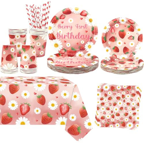 Obussgar Decoración de fiesta de margaritas de fresa - fresa margaritas cumpleaños fiesta vajilla suministros incluye platos, tazas, servilletas, mantel, pajitas - servido 20