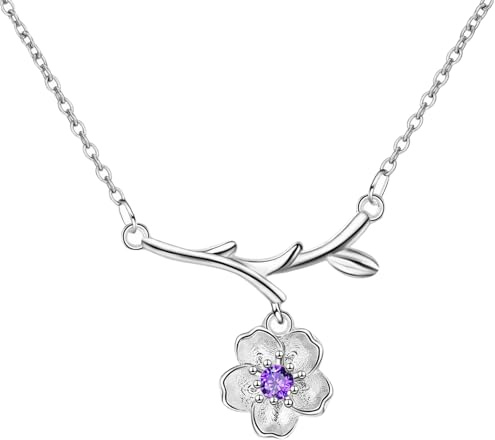 Cuicany Collier de Fleurs de Cerisier, Collier avec Pendentif Fleur de Cerisier, Chaîne Courte avec Pendentif en Forme de Fleur de Sakura en Zircone Cubique Violet, pour Femme