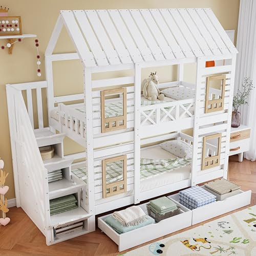 Merax Etagenbett 90x200cm, Kinderbett Hochbett mit Stauraum Treppe & Schubladen, Hausbett mit Dach & Fenster, Platzsparendes Stockbett mit Lattenrost & Rausfallschutz, Jugendbett, Ohne Matratze, Weiß